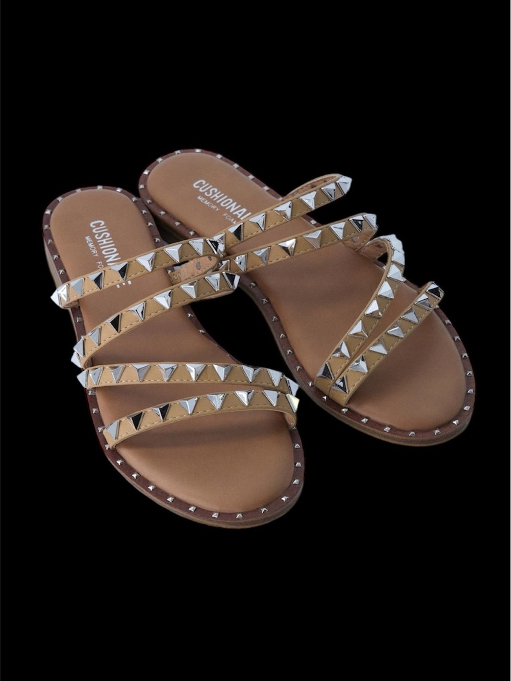 Cushionare Tan Leather Pyramid-Stud Slide Sandals